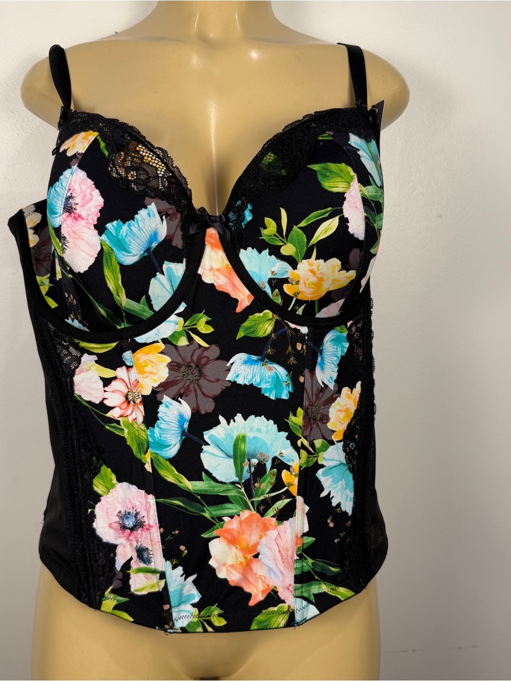 New Cacique Floral Corset Bustier Sz 42D Lane Bryant Boning Lace Longline Top